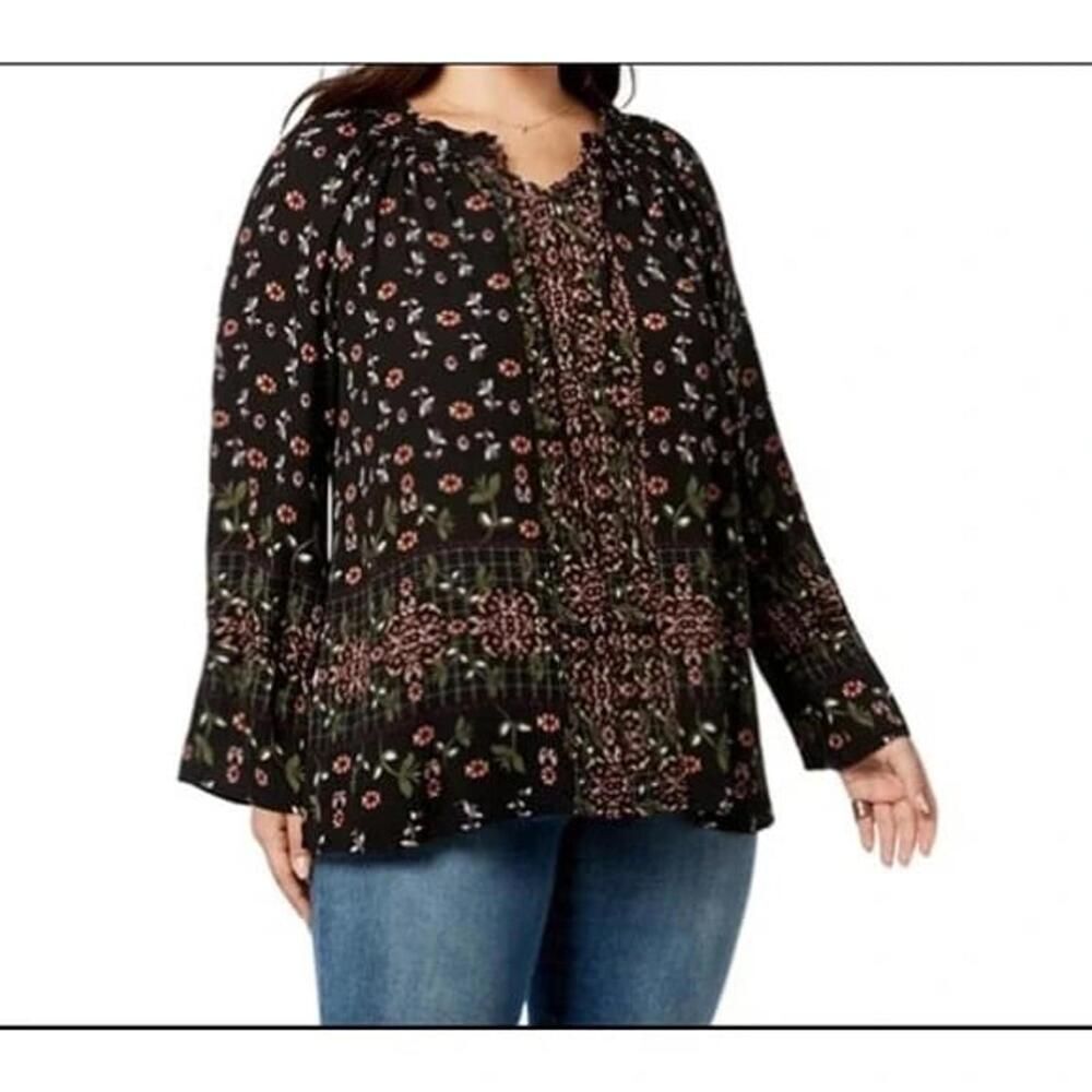 Style & Co Women's Flourishing Black Boho Mixed Print Peasant Blouse Top 3x